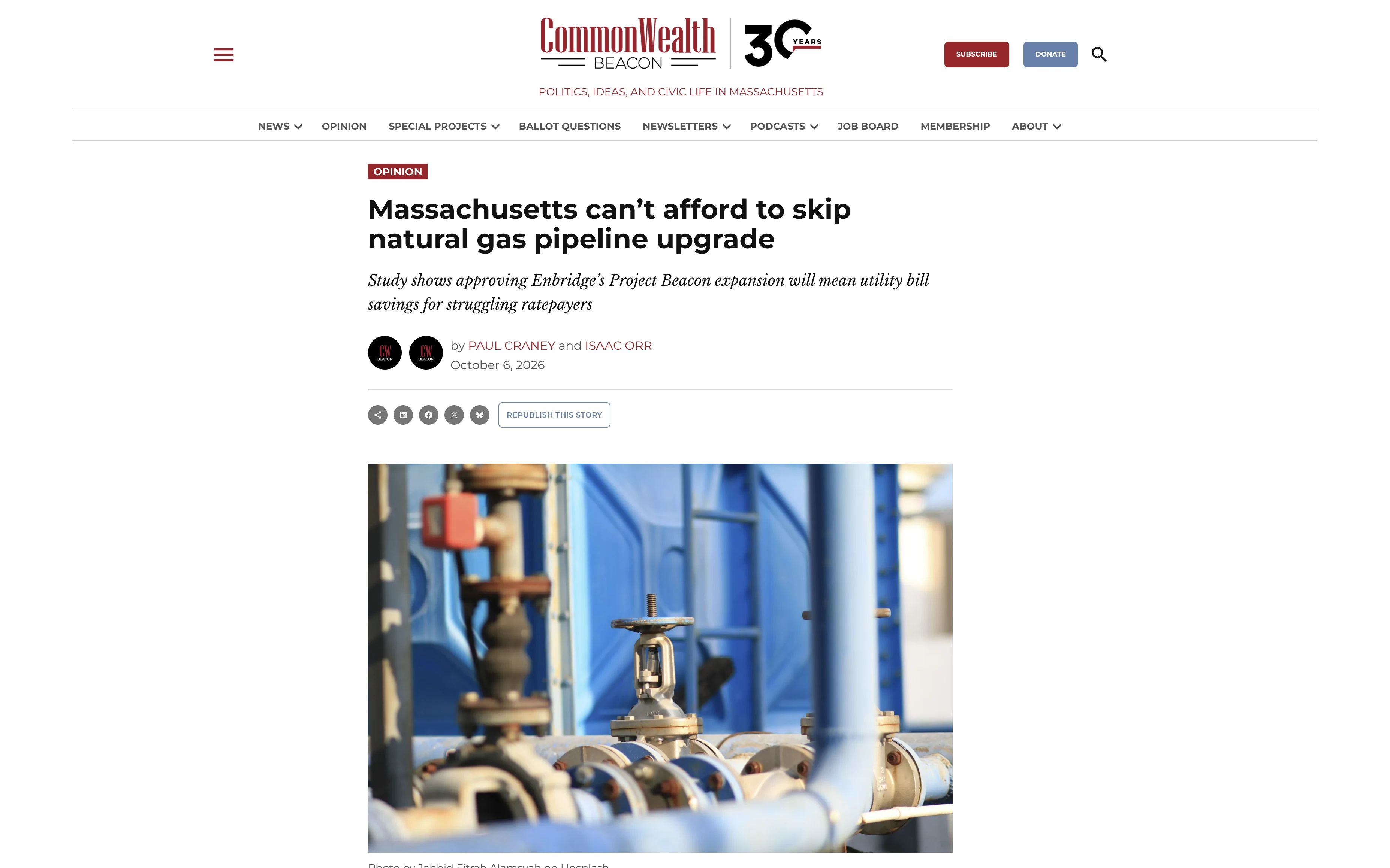 Massachusetts can't afford to skip natural gas pipeline upgrade — op-ed in CommonWealth Beacon by Paul Craney and Isaac Orr