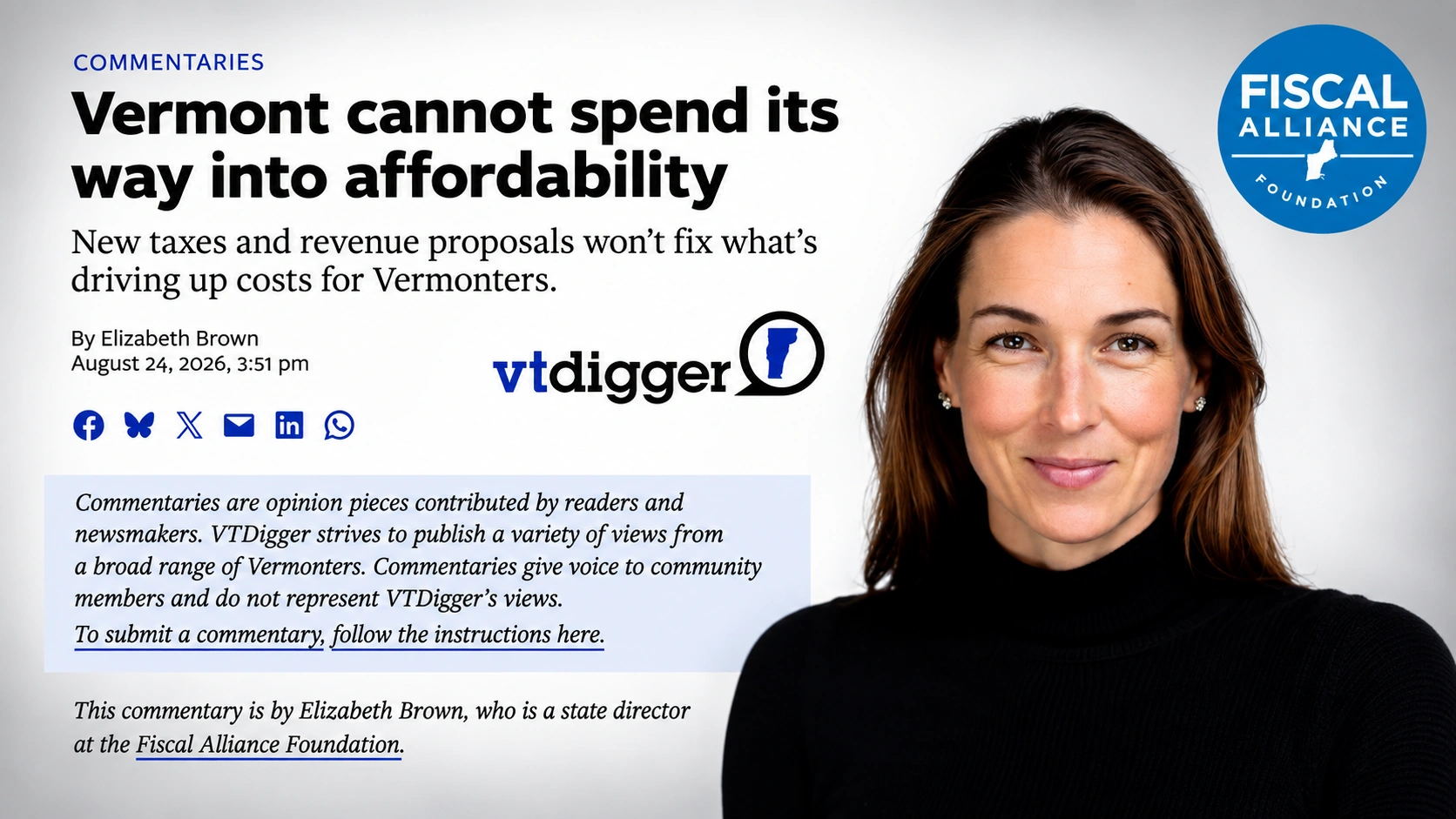 Op-Ed: Vermont can't tax its way to affordability — by Elizabeth Brown, published in VTDigger